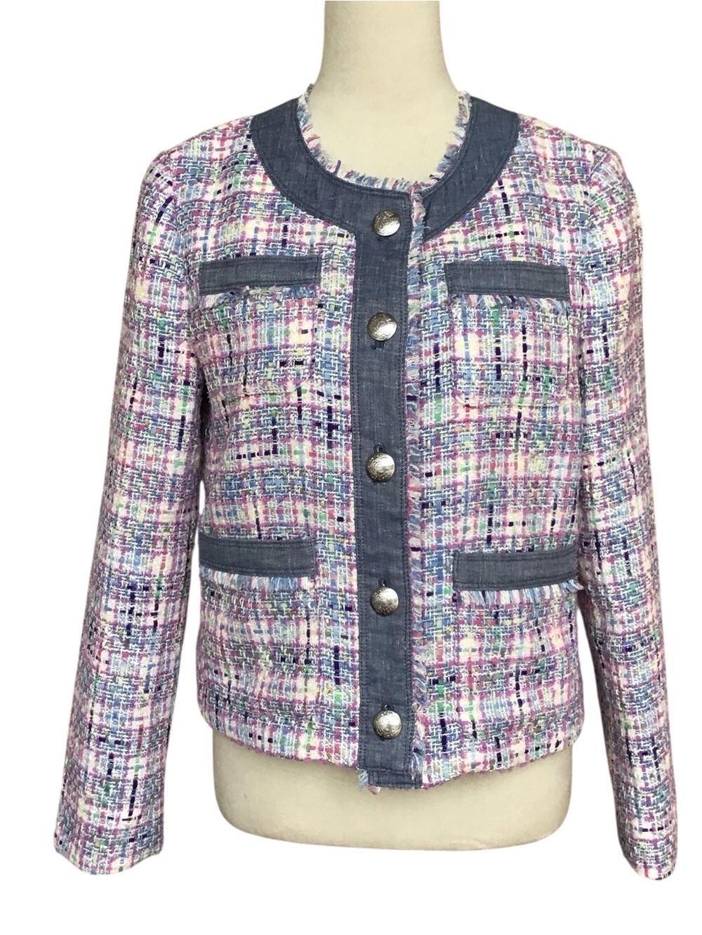 LOFT Colorful Tweed Fringe Detail Blazer New